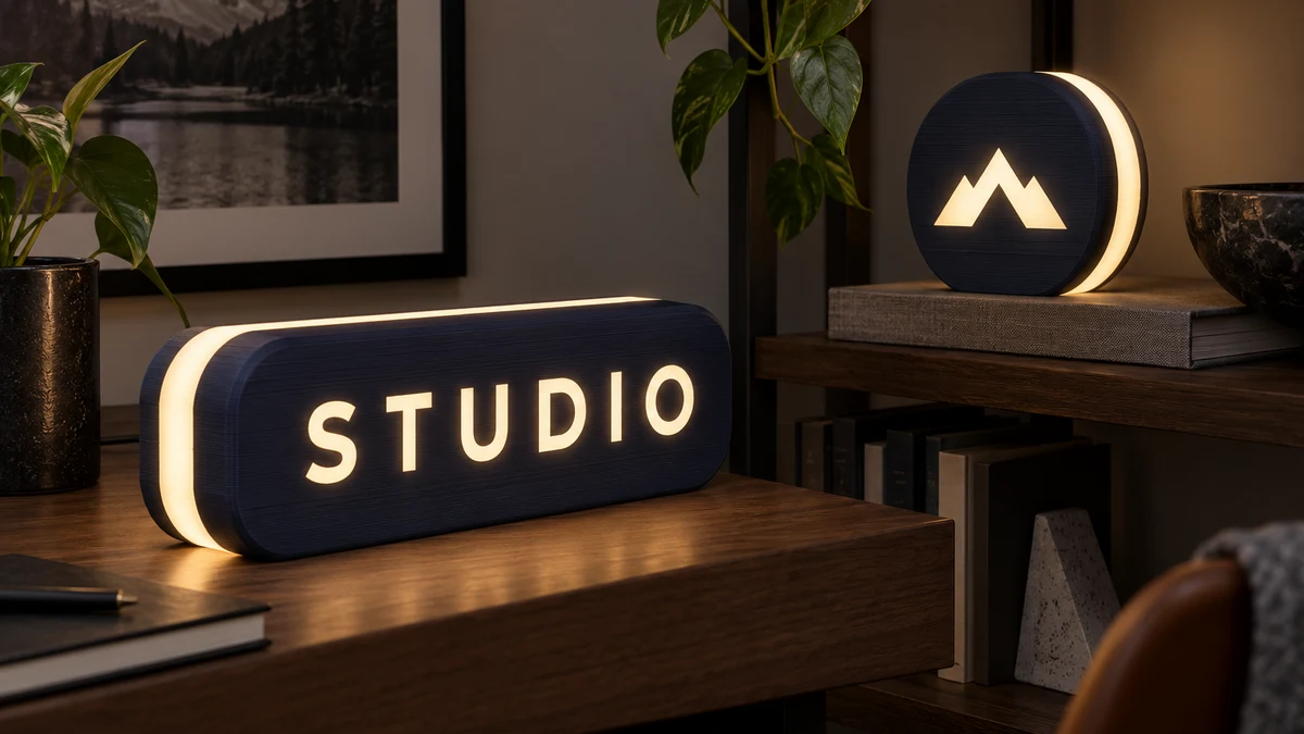 Световая табличка STUDIO и круглый светильник с геометрическим логотипом в интерьере