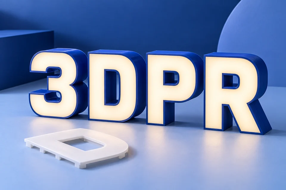 Объёмные буквы 3DPR с синими корпусами и светящимися белыми лицевыми панелями